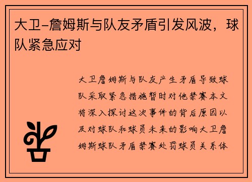 大卫-詹姆斯与队友矛盾引发风波，球队紧急应对