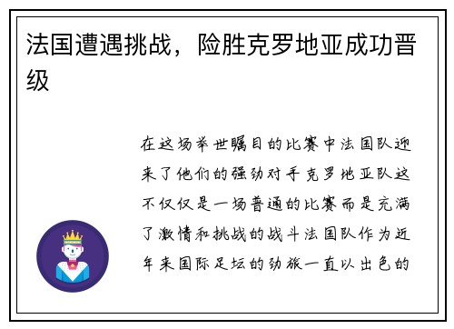 法国遭遇挑战，险胜克罗地亚成功晋级